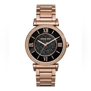 Michael Kors Catlin Black Diamonds Dial Rose Gold Steel Strap Watch Women MK3356